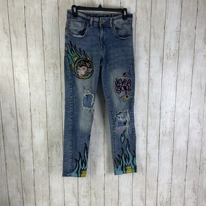 Vintage Y2K Track23 Embroidered Jeans 30x30 Flames Distress Faded Indigo Stretch
